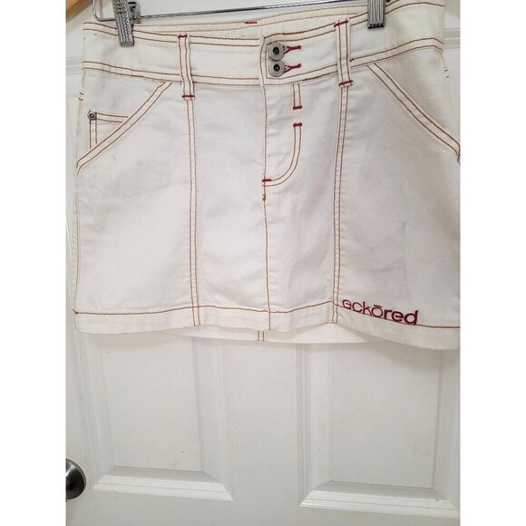 Ecko Red Women's Y2k Ivory Denim Mini 90 Skirt Red Stitching Size 7 - Picture 2 of 15